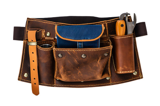 A brown leather tool belt on a black background, Perfect DIY tool belt, Brown leather tool belt with multiple pockets and pouches for different tools