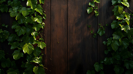 Dark wooden planks, adorned with vibrant green climbing vines.  Sunlight filters through the leaves, illuminating the textured wood