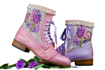Pastel floral ankle boots: A vintage vibe, Pink and lavender victorian boots with delicate floral embroidery and ribbon laces