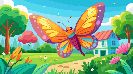 Obraz premium Joyful butterfly flies over a sunny meadow near a quaint house