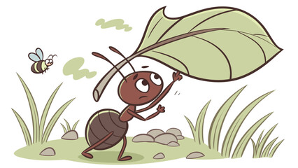 Ant struggling to carry a large leaf with a bee flying nearby