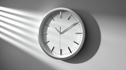 White wall clock illuminated by sunlight