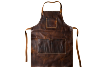Vintage Charm: Leather Apron with Detailed Stitching against a Black Backdrop, Handcrafted Leather Apron with Rustic Appeal and Practical Pocket Design