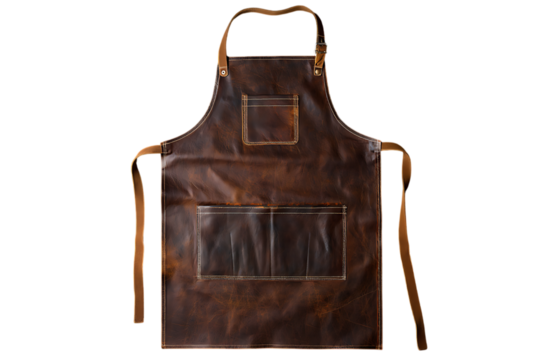 Vintage Charm: Leather Apron with Detailed Stitching against a Black Backdrop, Handcrafted Leather Apron with Rustic Appeal and Practical Pocket Design