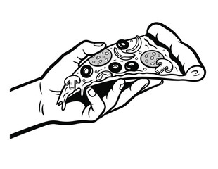 A stylized hand delicately holds a cheesy pizza slice with various toppings, depicted in a clean black and white vector format.	

