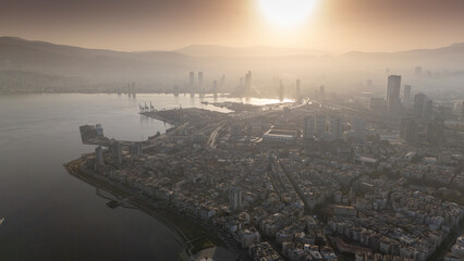 A magnificent morning view of Alsancak, izmir. Good morning izmir, Turkey. Aerial shot.