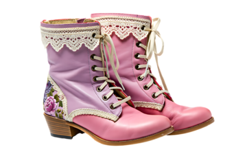 Whimsical Pair of Lace-Adorned Boots on Black, Pastel colored leather boots with decorative lace trim for a vintage or fairytale fashion statement