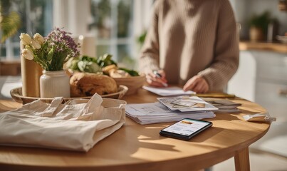 Person reviewing paperwork at a round table with flowers and a mobile phone in a bright setting
