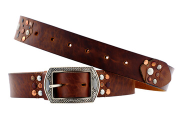 Studded Leather Belt with Ornate Buckle, Brown Leather Belt Embellished with Copper and Silver Studs and a Decorated Buckle