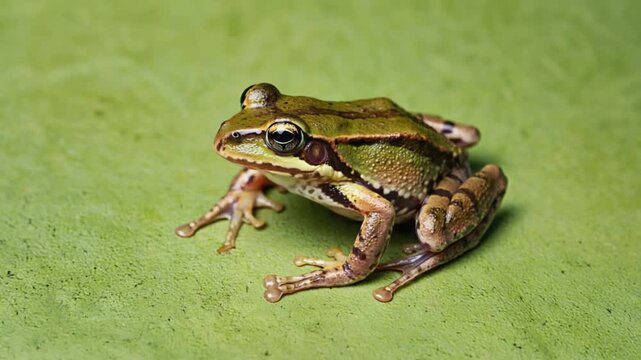 Green frog poised on textured surface, ready to leap into action