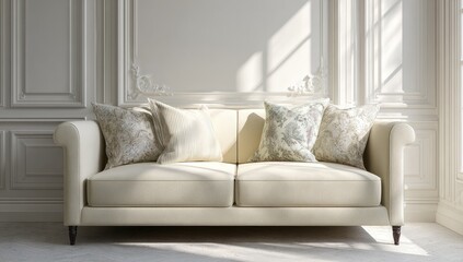 Cream sofa in elegant room, sunlight streams in