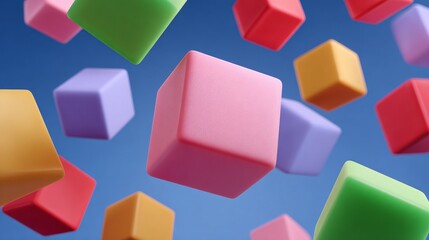Obraz premium Colorful Cubes: A vibrant assortment of three-dimensional, pastel-colored cubes floats against a crisp, azure sky.