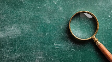 Magnifying glass with a wooden handle resting on a textured green surface with scratches and dust