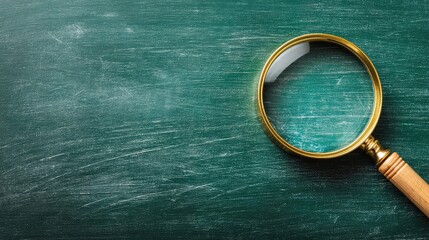 A golden magnifying glass resting on a textured green surface with visible scratches and brushstrokes
