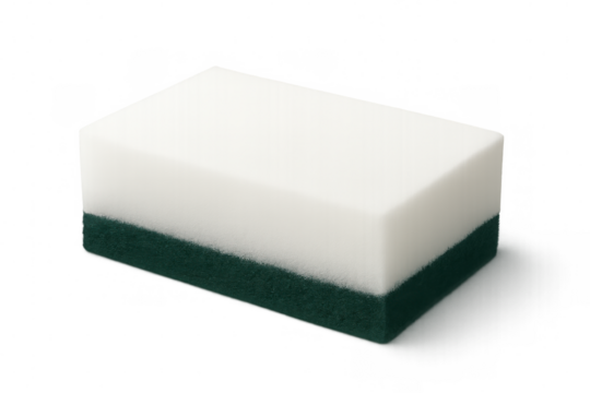 Studio shot featuring a cleaning sponge with a scouring pad, isolated against a transparent background, highlighting its dual-layer design
