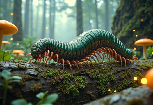 A giant millipede with a glossy, segmented exoskeleton in iridescent shades of emerald, sapphire, and bronze