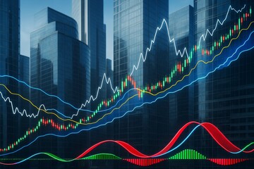 Financial stock chart with glowing lines over modern city skyscrapers background showing business growth and data analysis concept light effect.