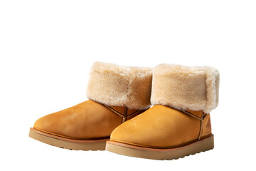 A pair of trendy tan UGG boots featuring soft fur lining and a thick sole for maximum comfort and style,Ideal for winter footwear