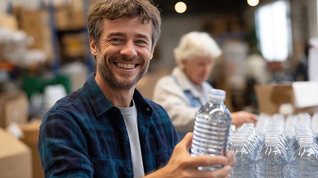Man smiling holding a water bottle with an older woman in the background working at a table indoors