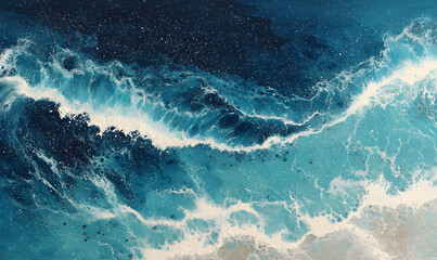 Obraz premium Abstract painting of turbulent dark blue and white waters with splatter details