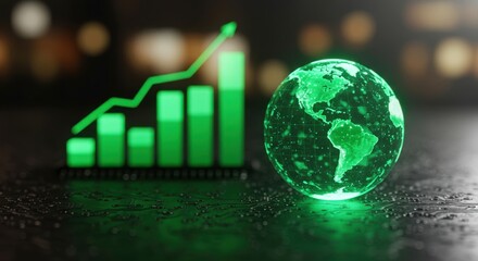 Glowing green earth orb and upward trending bar chart symbolizing global economic growth and financial success