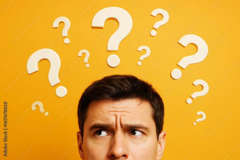 Poster confused man with question marks on yellow background, concept of doubt and decision-making in busin