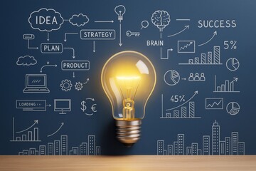 Glowing light bulb in front of chalkboard with business strategy icons and diagrams on dark blue background representing creative business concept.