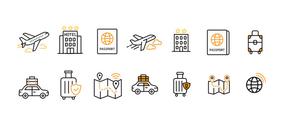 Travel and tourism icon ,,Thin line editable stroke icons for  travel , location , transport , global , suitcase , plane 