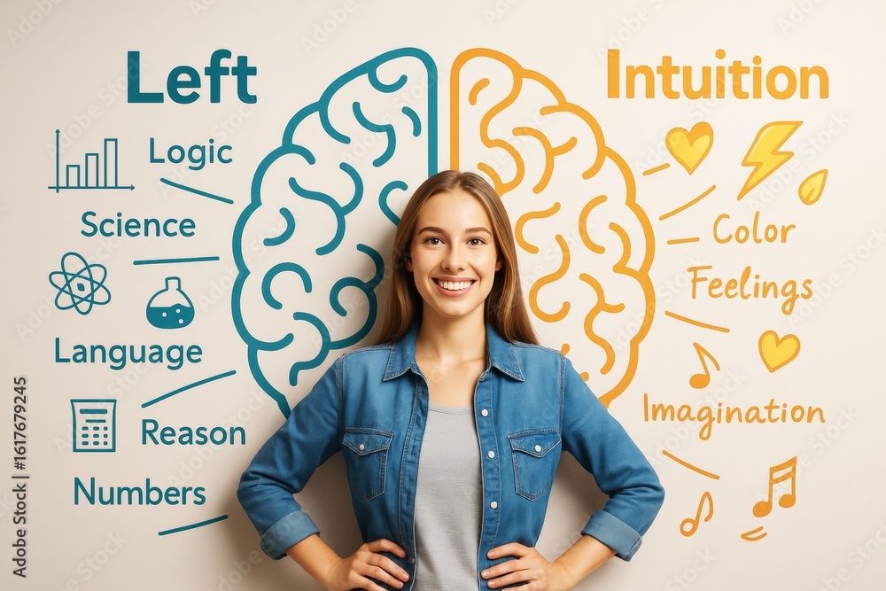 Poster woman standing in front of brain illustration showing left logic and right intuition concepts with e