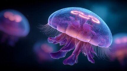 Glowing Jellyfish in the Deep Blue: A stunning image captures the ethereal beauty of a glowing jellyfish, its translucent form pulsing gently in the inky depths.