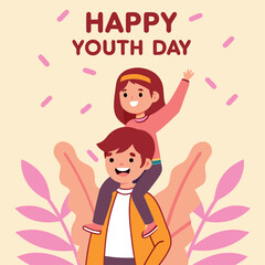 Smiling boy carries girl on shoulders for Happy Youth Day celebration joyfully