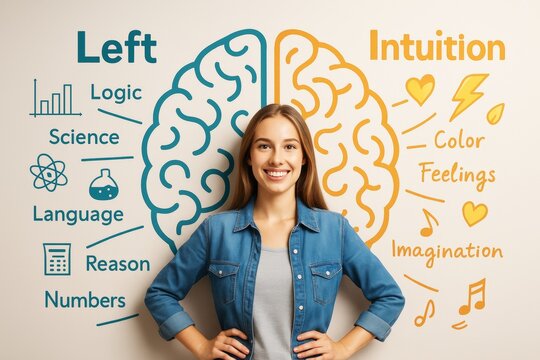 Woman standing in front of brain illustration showing left logic and right intuition concepts with educational icons on light background. Ai generative.