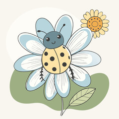 Cute ladybug sitting on a flower with a smaller flower