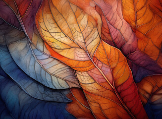 Abstract background of colorful autumn leaves in warm orange, red, and yellow hues, with blue, creating a vibrant natural pattern.