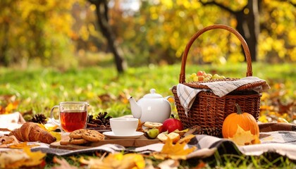 Autumn forest picnic with tea, cookies, and natural elements