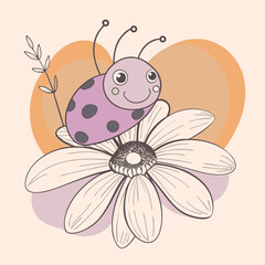 Cute cartoon ladybug sitting on a daisy with abstract background