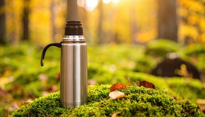 Hot tea in a thermos on moss, background — autumn forest