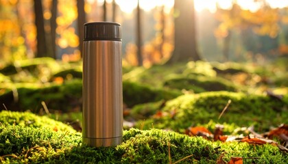 Hot tea in a thermos on moss, background — autumn forest