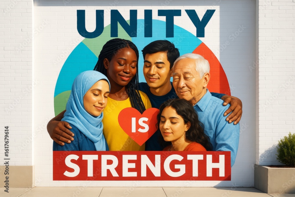 Aufkleber diverse group of people hugging in front of mural with 