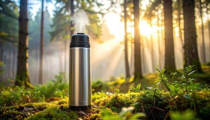  Steaming tea thermos in a misty forest