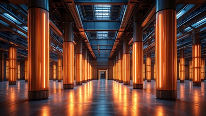 Modern industrial hall with illuminated columns and skylights
