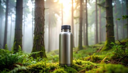  Steaming tea thermos in a misty forest