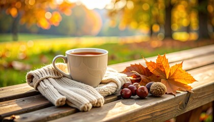 Tea on a wooden bench with leaves, gloves, and chestnuts nearby