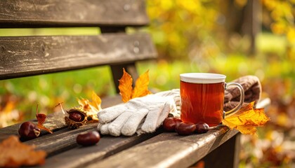 Tea on a wooden bench with leaves, gloves, and chestnuts nearby