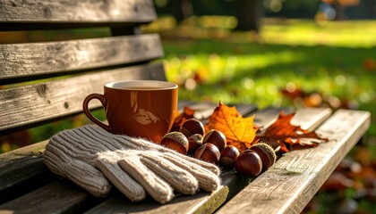 Tea on a wooden bench with leaves, gloves, and chestnuts nearby