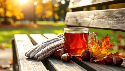 Tea on a wooden bench with leaves, gloves, and chestnuts nearby