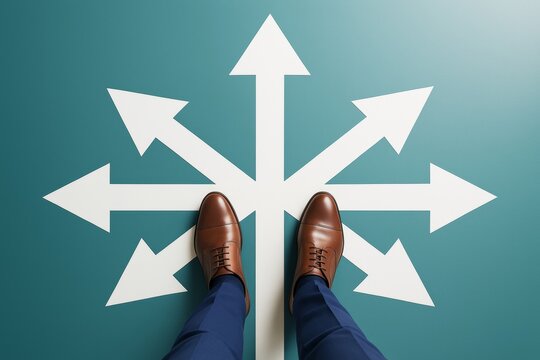 Businessman standing with multiple direction arrows under feet on teal background symbolizing decision making and strategic business choices.