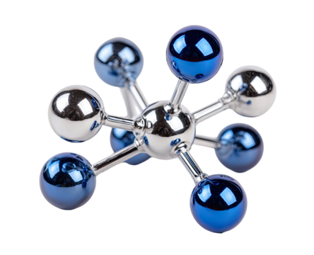 A stylized molecular model,  with silver and dark blue spheres connected by metallic rods, forming a complex, symmetrical structure