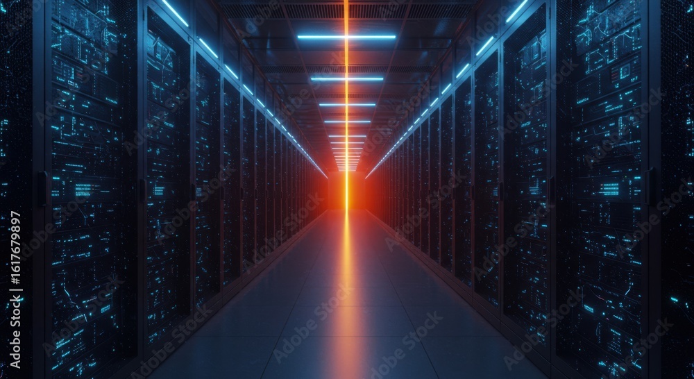 Poster illuminated data center aisle with glowing blue and orange lights creating a futuristic technologica