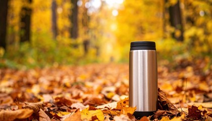  Thermo mug in front of a forest path covered in leaves